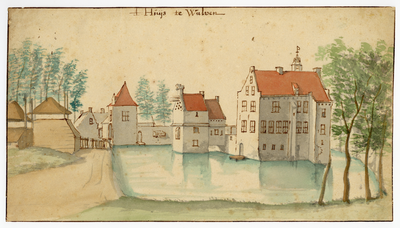 202084 Gezicht op de achtergevel van het omgrachte kasteel Wulven te Houten, met op de achtergrond de gedeeltelijk ...